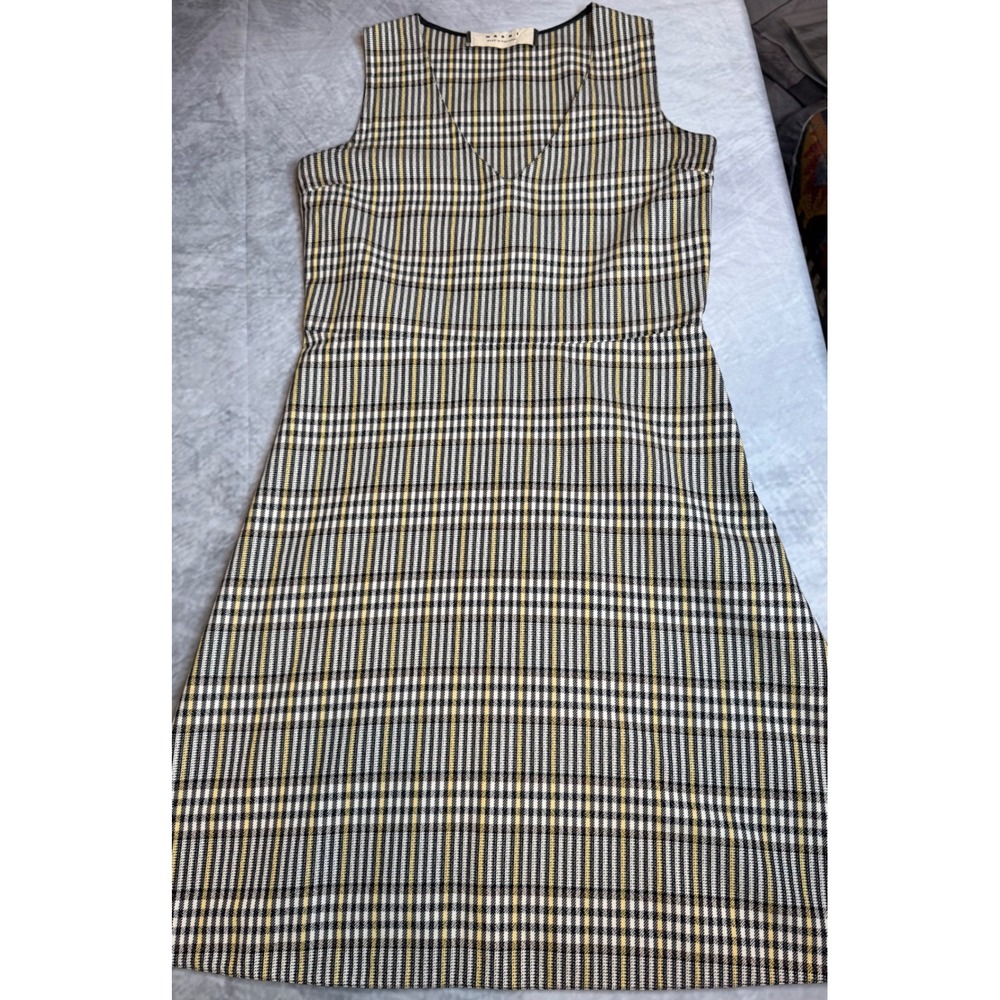 Marni Womens Plaid V-Neck Sleeveless Shift Dress Yellow Black White Italy